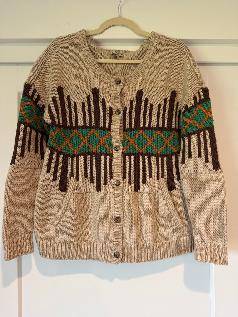 Toad&Co Beige Fair Isle Cardigan with Green and Brown Accents